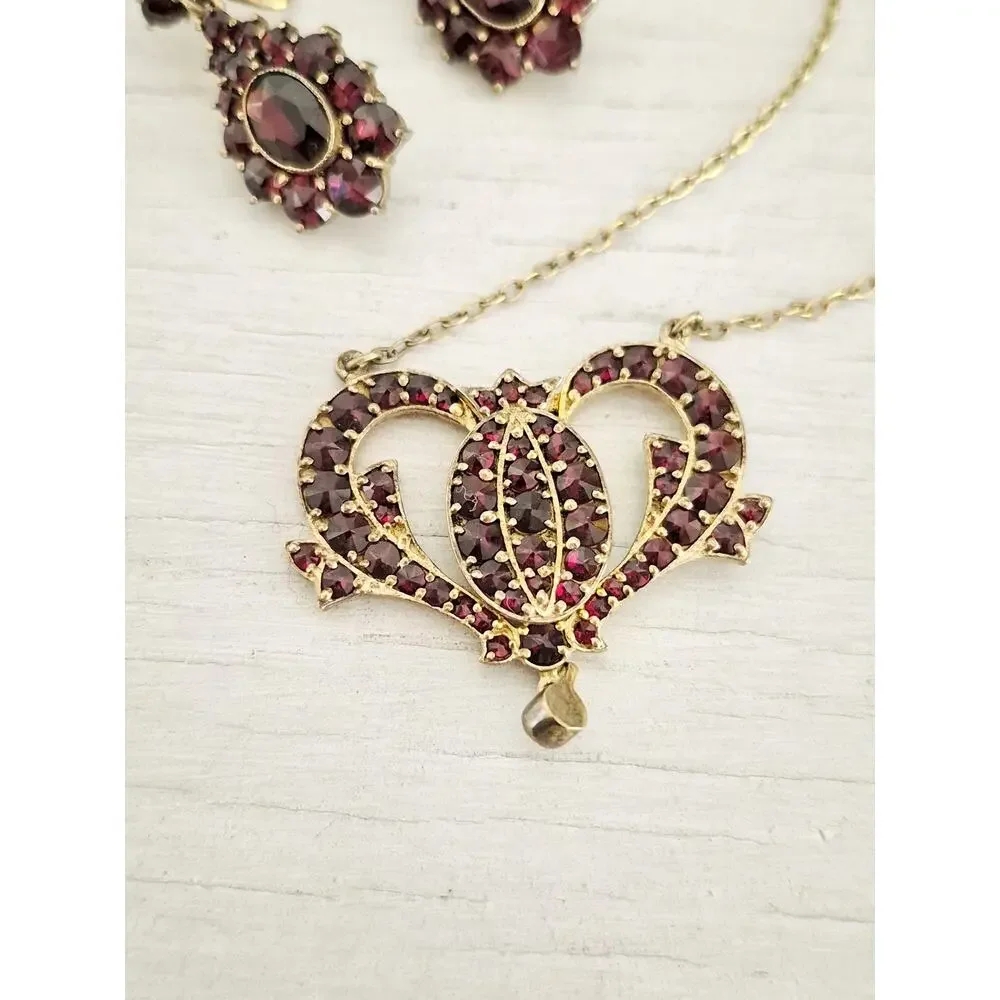 Vintage 900 Sterling Silver Bohemian Garnet Necklace and Earring Lot